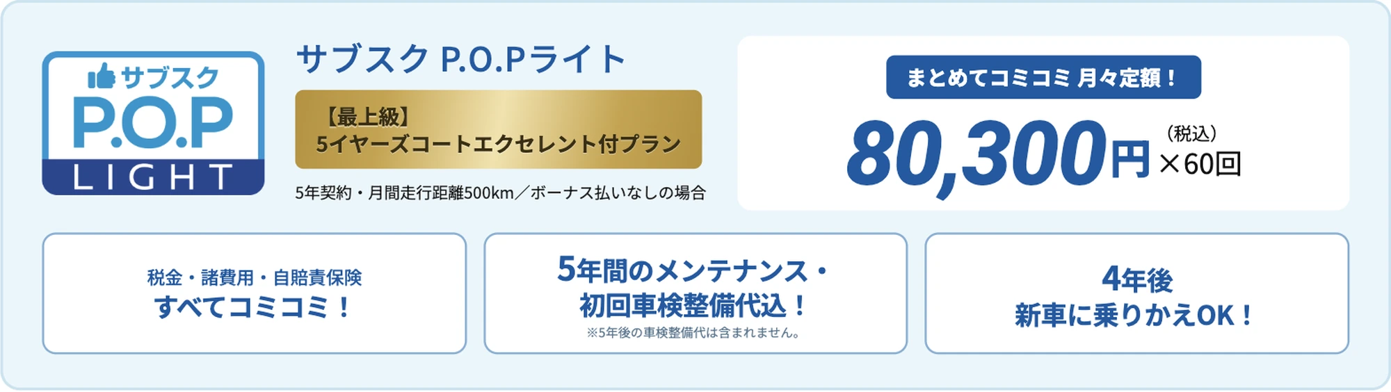 リース料金（リーフ）：サブスクP.O.P LIGHT 5イヤーズコートエクセレント付プラン 月々定額
