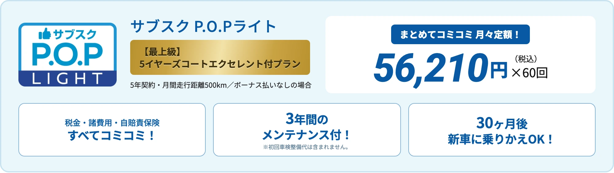 リース料金（セレナ）：サブスクP.O.P LIGHT 5イヤーズコートエクセレント付プラン 月々定額